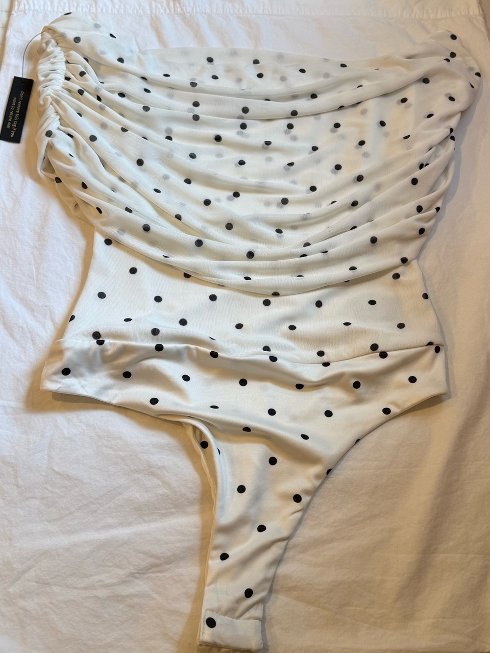 AFRM NWT Divya Thong Black White Polk Dot Mesh Off Shoulder Bodysuit Women's Med - Picture 8 of 11